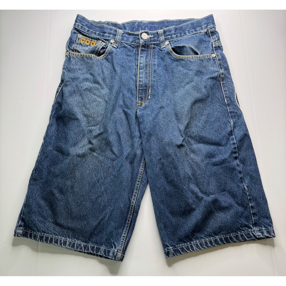 Coogi Mens Embroidered Denim Jean Shorts Blue Crest Size 36 Hip Hop Streetwear